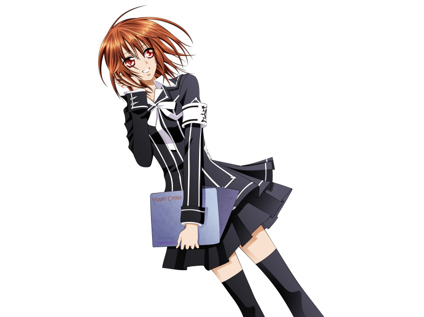 1girl, brown_hair, red_eyes, school_uniform, solo, thighhighs, transparent, vampire_knight