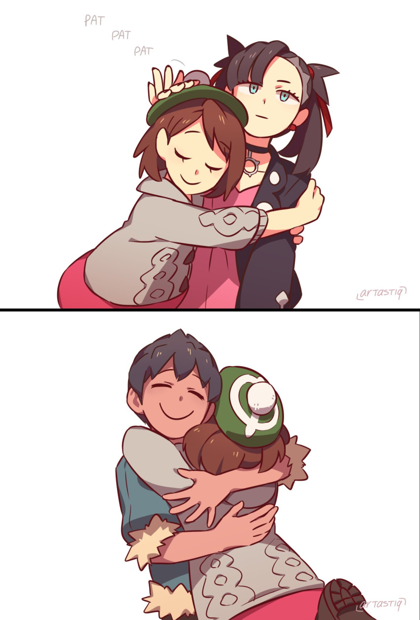 1boy, 2girls, artastiq, black_hair, blue_eyes, brown_hair, cardigan, closed_eyes, dark-skinned_male, dark_skin, fur-trimmed_jacket, fur_trim, gloria_(pokemon), grey_cardigan, hair_ribbon, hat, headpat, highres, hop_(pokemon), hug, jacket, marnie_(pokemon), multiple_girls, nail_polish, open_mouth, pendant_choker, pokemon, pokemon_(game), pokemon_swsh, ribbon, signature, twintails