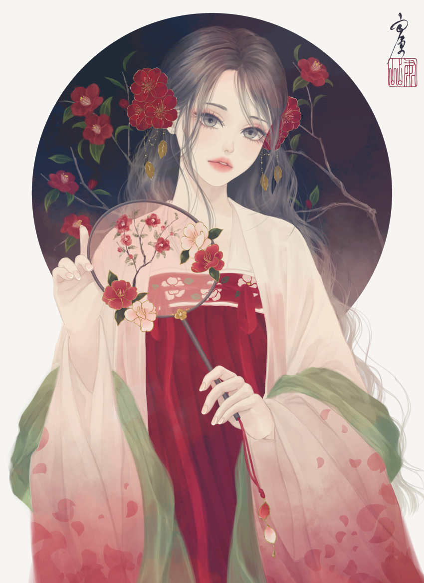 1girl, absurdres, branch, brown_hair, camellia, chinese_clothes, circular_border, commentary_request