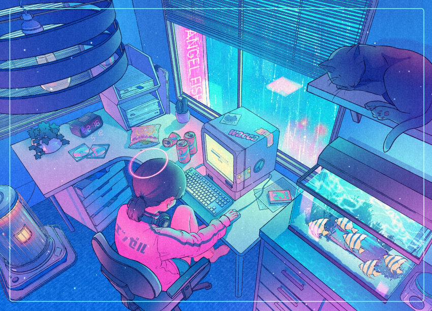 1girl, alarm_clock, angelfish, artist_name, at_computer, barefoot, black_cat, blinds