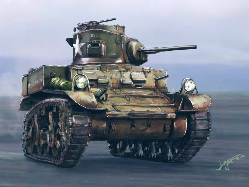 artist_name, blurry, blurry_background, browning_m2, clear_sky, commentary, emblem, gun