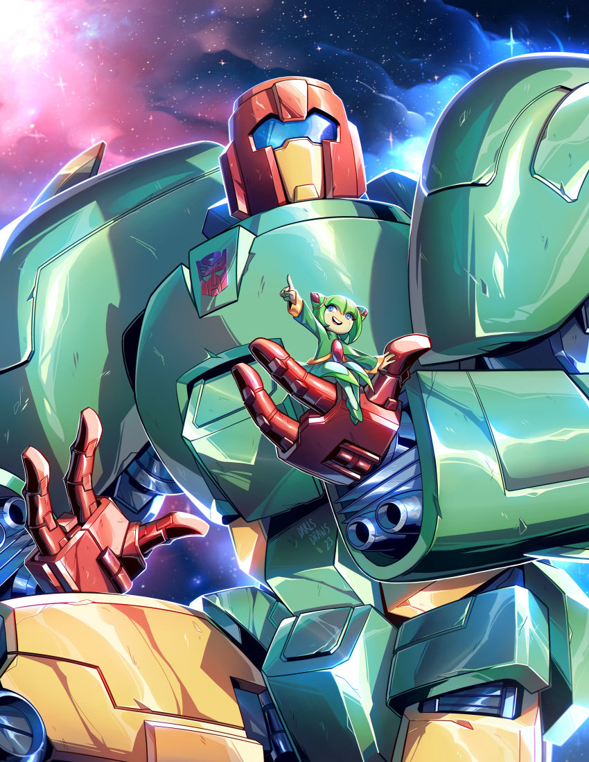 1girl, absurdres, alien, assault_visor, blue_eyes, commission, cosmo_(sonic), cosmos_(transformers), crossover, double_bun, dress, english_commentary, fewer_digits, green_dress, green_hair, hair_bun, highres, in_palm, lina_rojas, looking_at_viewer, looking_up, mecha, name_connection, pointing, robot, short_hair, sitting, smile, sonic_(series), sonic_x, space, transformers