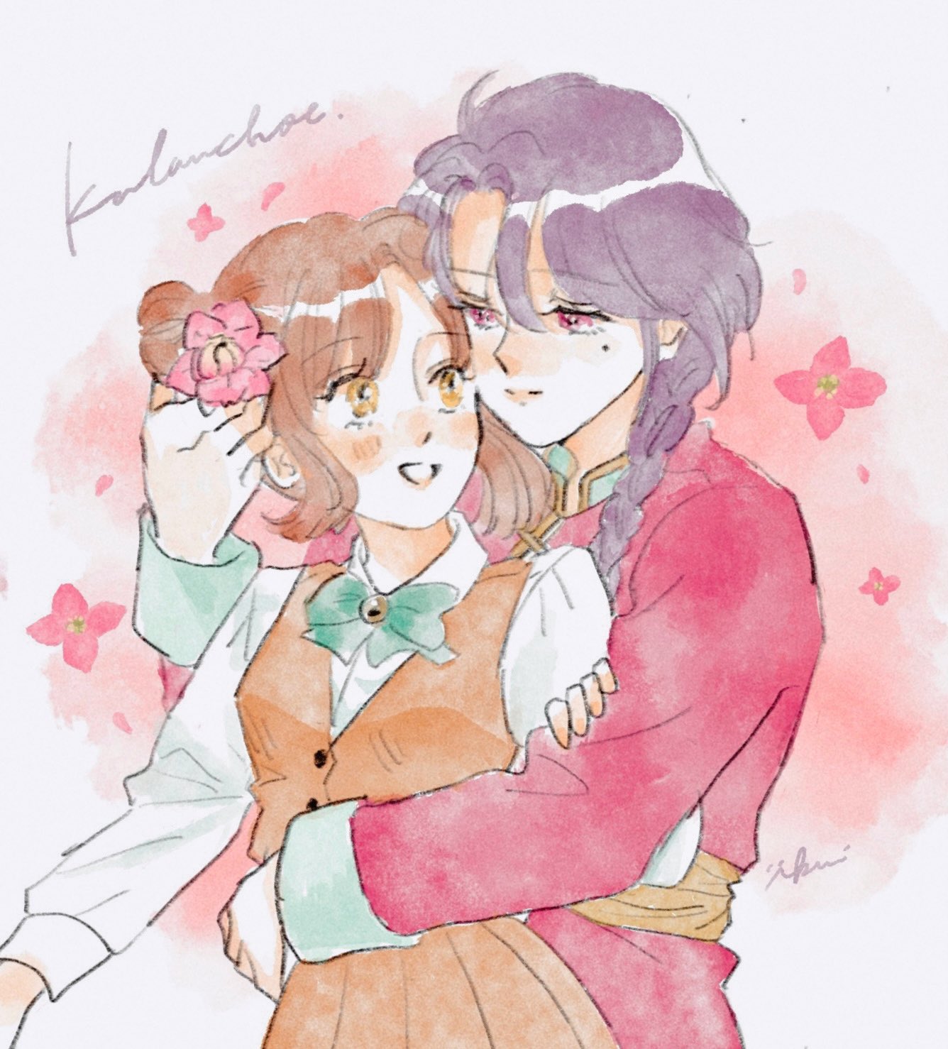 1boy, 1girl, brown_eyes, brown_hair, brown_jacket, brown_vest, chinese_clothes, collared_shirt, double_bun, fushigi_yuugi, green_eyes, hair_bun, hair_ribbon, highres, hug, jacket, long_hair, long_sleeves, looking_at_another, mole, mole_under_eye, nuriko_(fushigi_yuugi), oh_mylady19, pink_eyes, purple_hair, ribbon, school_uniform, shirt, standing, vest, white_shirt, yuuki_miaka