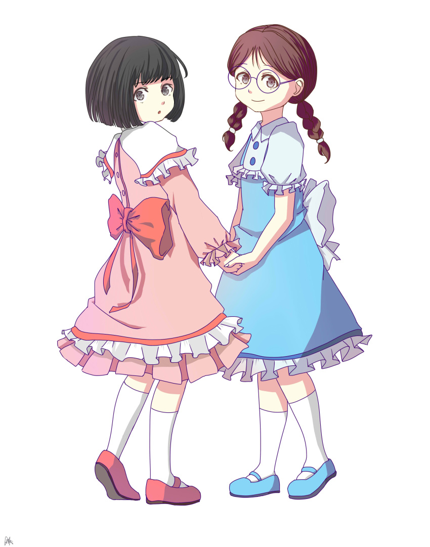 absurdres, blue_dress, braid, chibi_maruko-chan, dress, facing_another, glasses, highres