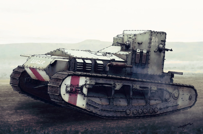 artist_name, commentary, day, highres, horizon, luger_oni-jun'i, mark_a_whippet, military, military_vehicle, motor_vehicle, no_humans, original, outdoors, signature, tank, vehicle_focus, world_war_i