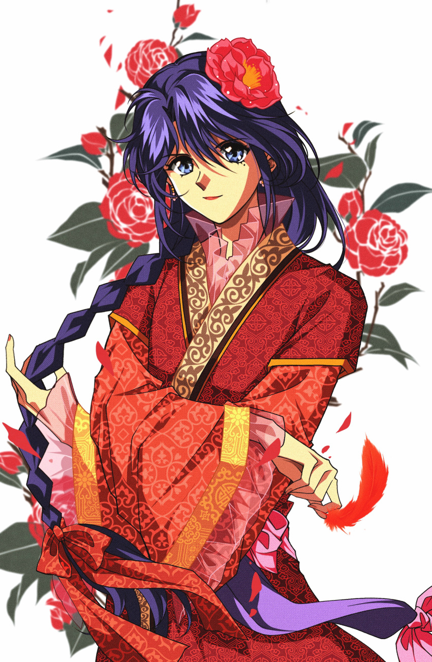 1boy, absurdres, blue_eyes, braid, chinese_clothes, cowboy_shot, earrings, feathers