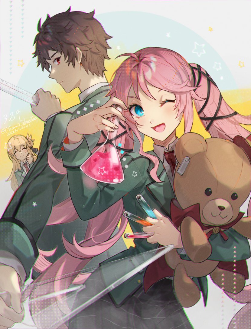 1boy, 2girls, agnes_claudel, ambiguous_red_liquid, beaker, blonde_hair, blue_eyes, brown_bear