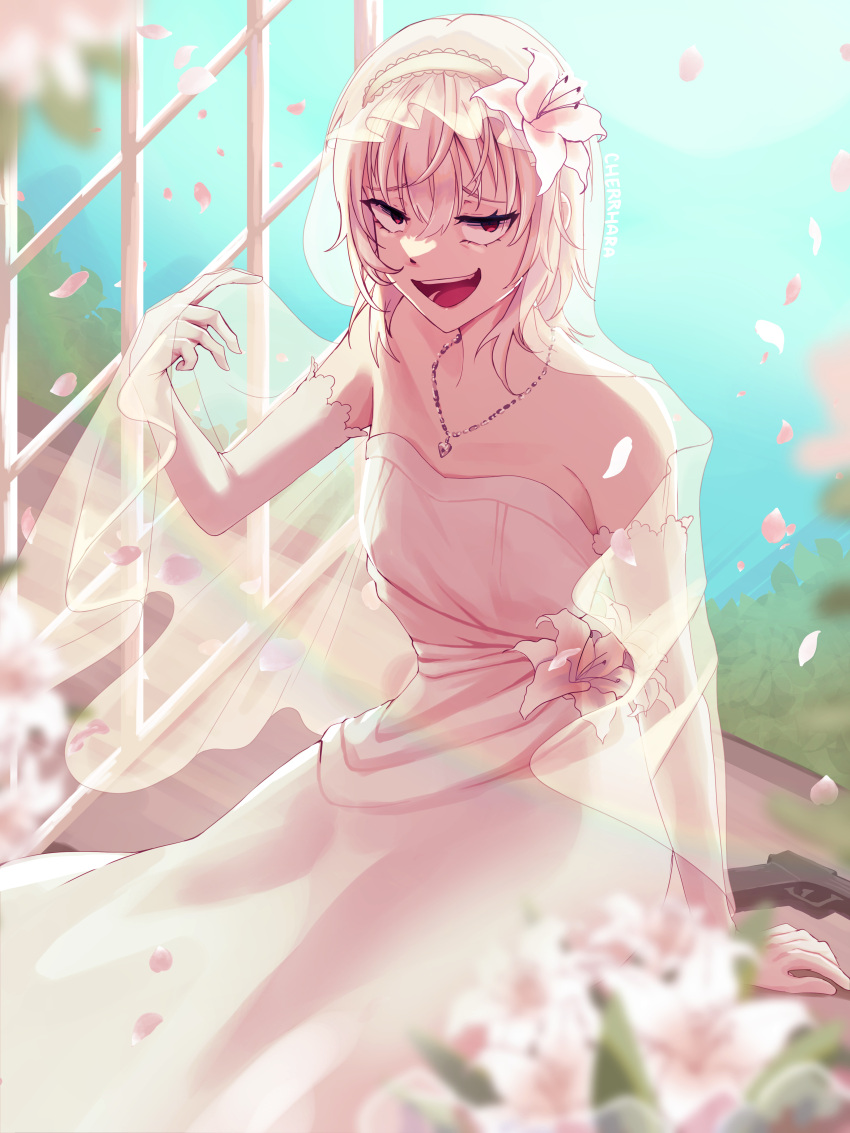 1girl, absurdres, accelerator_(toaru_majutsu_no_index), albino, ambiguous_gender, androgynous, arm_at_side, bangs, bare_shoulders, blue_sky, blurry, blurry_background, bouquet, bridal_veil, cherrhara, cowboy_shot, dress, elbow_gloves, evil_smile, falling_petals, flat_chest, flower, from_side, gloves, gun, hair_flower, hair_ornament, hairband, half-closed_eyes, hand_up, handgun, heart, heart_necklace, highres, indoors, jewelry, lace-trimmed_hairband, lace_trim, lily_(flower), looking_at_viewer, messy_hair, nature, necklace, open_mouth, open_window, pale_skin, petals, red_eyes, sanpaku, short_hair, signature, silver_jewelry, sitting, sky, sleeveless, sleeveless_dress, smile, solo, suzushina_yuriko, toaru_majutsu_no_index, veil, weapon, wedding_dress, white_dress, white_gloves, white_hair, white_hairband, window, windowsill