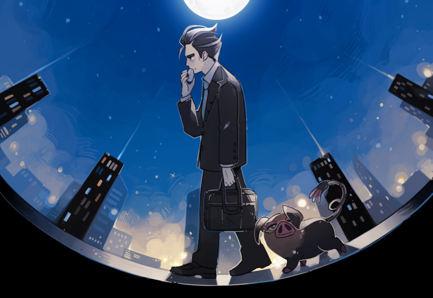 1boy, black_footwear, black_hair, black_jacket, black_pants, blue_necktie, briefcase, cityscape, collared_shirt, eating, food, food_on_face, grey_hair, highres, holding, holding_briefcase, holding_food, jacket, larry_(pokemon), long_sleeves, luminous_slime, moon, multicolored_hair, necktie, night, oinkologne, oinkolonge_(female), onigiri, pants, pokemon, pokemon_(creature), pokemon_(game), pokemon_sv, salaryman, shirt, short_hair, skyline, star_(sky), streaked_hair, two-tone_hair