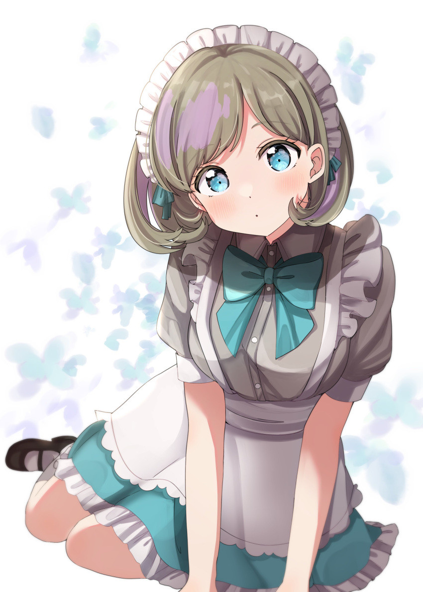 1girl, :o, absurdres, alternate_costume, apron, black_footwear, blue_bow, blue_eyes