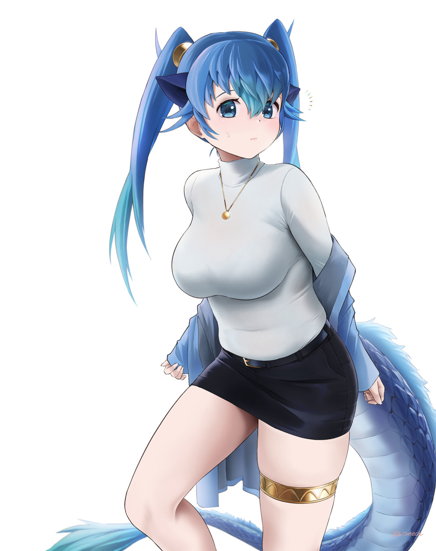 1girl, beleven, black_skirt, blue_eyes, blue_hair, blue_jacket, blush, commentary_request