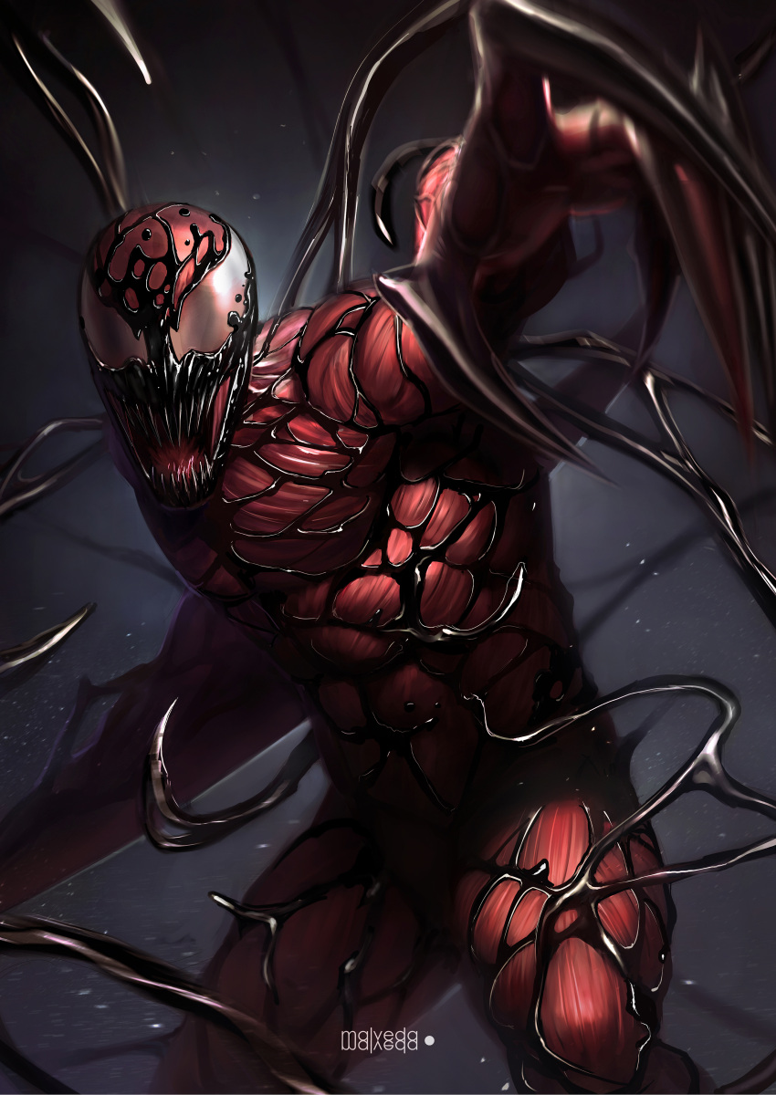 1boy, absurdres, alex_malveda, arm_up, artist_name, carnage_(marvel), claws, colored_skin