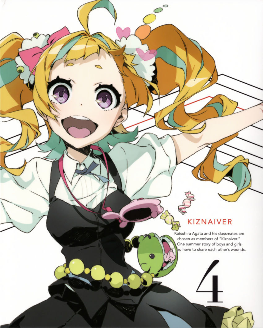 1girl, absurdres, ahoge, blonde_hair, bow, breasts, candy, collared_shirt
