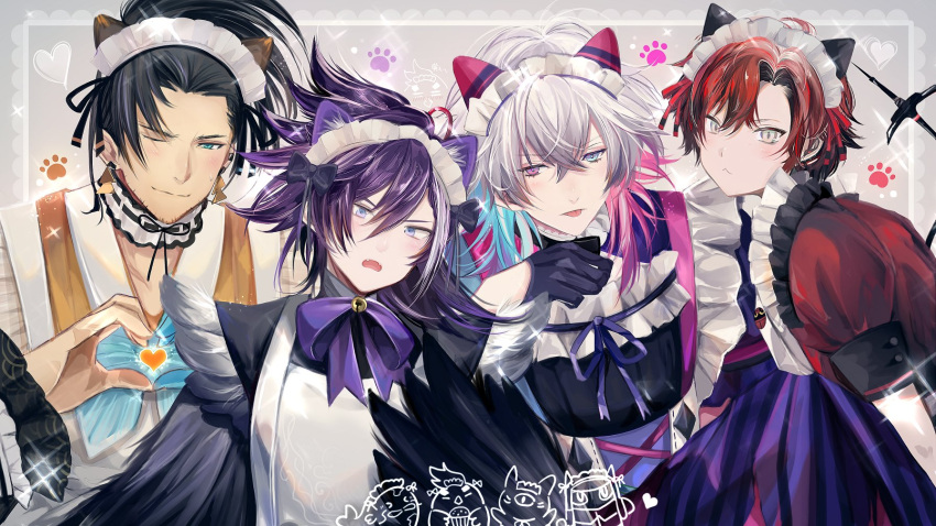 4boys, animal_ears, apron, aqua_hair, banzoin_hakka, black_gloves, black_hair, blue_eyes
