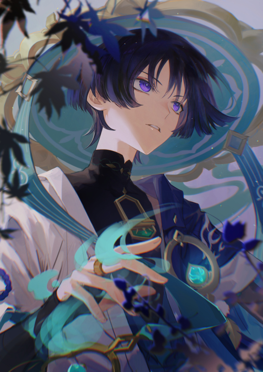 1boy, absurdres, bangs, black_hair, black_shirt, blue_cape, blue_headwear, blue_ribbon