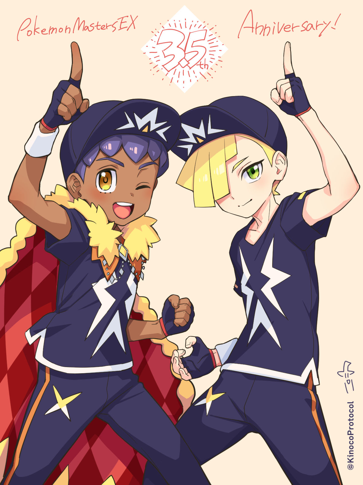 2boys, :d, anniversary, argyle, arm_up, bangs, blonde_hair, cape, clenched_hand, closed_mouth, commentary_request, copyright_name, cosplay, dark-skinned_male, dark_skin, fingerless_gloves, fur-trimmed_cape, fur_trim, gladion_(pokemon), gloves, green_eyes, hair_over_one_eye, hat, highres, hop_(champion)_(pokemon), hop_(pokemon), hop_(pokemon)_(cosplay), index_finger_raised, kinocopro, male_focus, multiple_boys, official_alternate_costume, open_mouth, pants, pokemon, pokemon_(game), pokemon_masters_ex, pokemon_sm, purple_hair, shirt, short_hair, short_sleeves, smile, teeth, upper_teeth_only