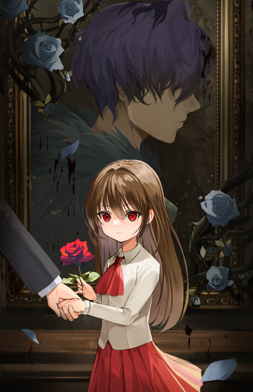 1boy, 1girl, absurdres, ascot, bangs, brown_hair, collared_shirt, falling_petals, flower, frown, fur_trim, garry_(ib), hair_over_eyes, highres, holding, holding_flower, holding_hands, ib, ib_(ib), long_hair, long_sleeves, looking_at_viewer, painting_(object), petals, picture_frame, pleated_skirt, profile, purple_hair, red_eyes, rjh5820, rose, shirt, short_hair, skirt, very_long_hair