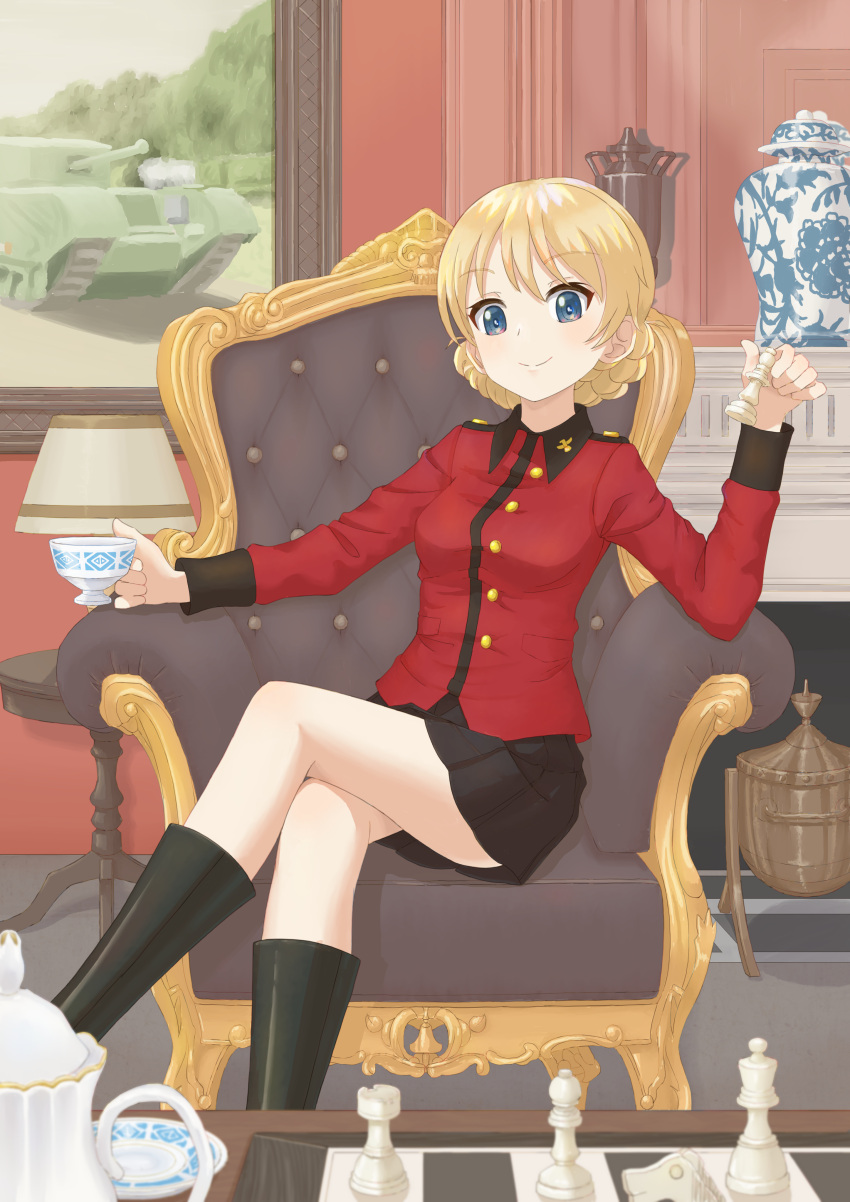 1girl, absurdres, armchair, bangs, black_footwear, black_skirt, blonde_hair, blue_eyes