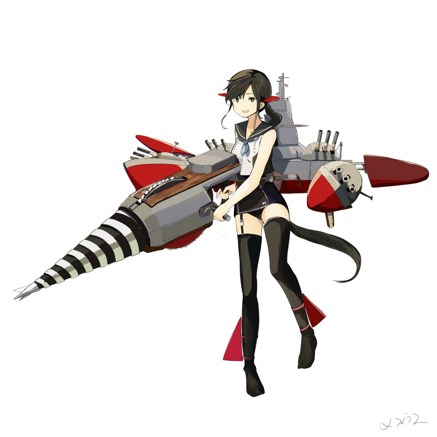 absurdres, atragon, black_eyes, black_hair, black_socks, blue_sailor_collar, drill, full_body