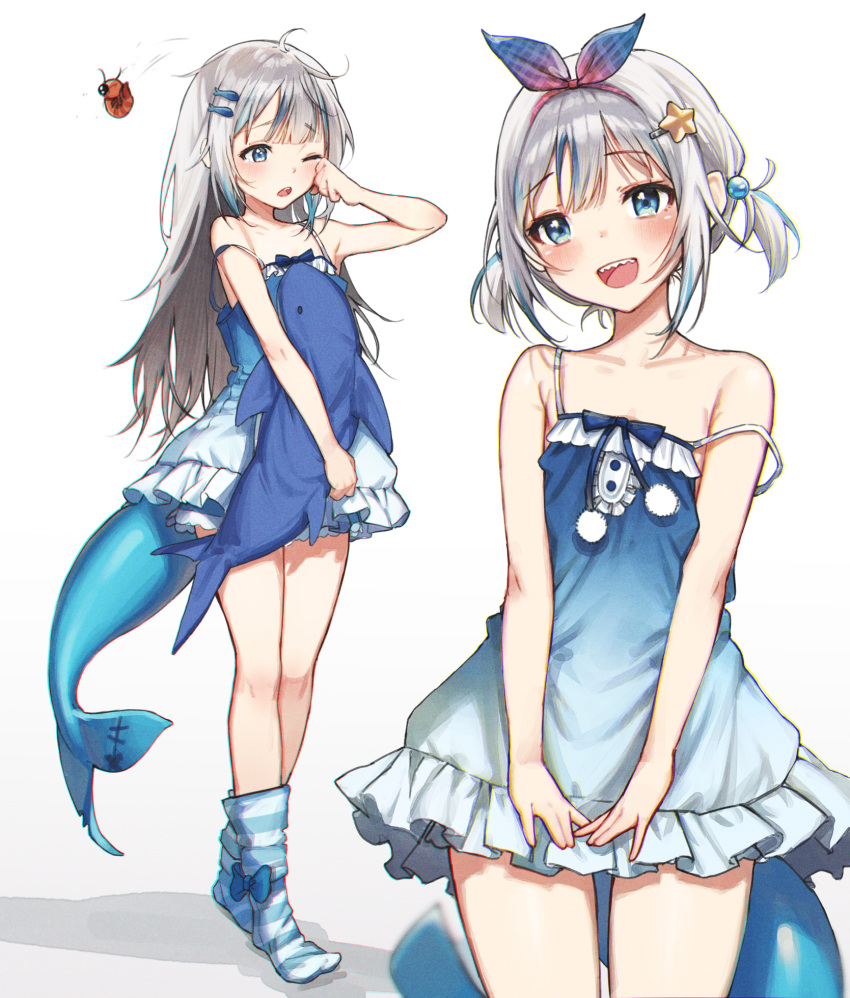 1girl, alternate_costume, bangs, blue_bow, blue_dress, blue_eyes, blue_hair, blue_pajamas, blue_socks, bow, bow_legwear, collarbone, commentary, dress, ebi-chan_(gawr_gura), english_commentary, fins, fish_hair_ornament, fish_tail, full_body, gawr_gura, grey_hair, hair_bobbles, hair_ornament, hair_ribbon, hairband, highres, hololive, hololive_english, long_hair, looking_at_viewer, multicolored_hair, one_eye_closed, open_mouth, pajamas, pom_pom_(clothes), revision, ribbon, rubbing_eyes, shark_girl, shark_tail, sharp_teeth, simple_background, sleeveless, sleeveless_dress, smile, socks, star_(symbol), star_hair_ornament, strap_slip, streaked_hair, striped, striped_socks, stuffed_animal, stuffed_shark, stuffed_toy, tail, teeth, tenchi_mayo, twintails, virtual_youtuber, white_background