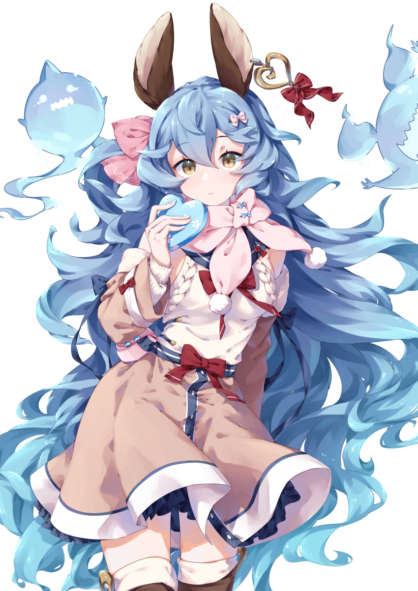 1girl, absurdres, aeon_ion, animal_ears, bangs, blue_hair, blue_sailor_collar, boots, bow, brown_footwear, brown_skirt, detached_sleeves, earrings, erune, ferry_(granblue_fantasy), fugee_(granblue_fantasy), granblue_fantasy, hair_between_eyes, hair_bow, hair_ornament, hairclip, heart, heart_earrings, highres, holding, holding_heart, jewelry, long_hair, looking_at_viewer, nicola_(granblue_fantasy), one_side_up, pink_bow, pink_scarf, pom_pom_(clothes), pouch, red_bow, sailor_collar, scarf, shirt, simple_background, single_earring, skirt, sleeveless, sleeveless_shirt, solo, thigh_boots, very_long_hair, wavy_hair, white_background, white_pom_poms, white_shirt, yellow_eyes