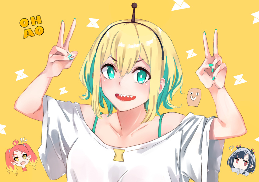 3girls, :<, ?, ^^^, amano_pikamee, arms_up, bangs, black_hair, black_hairband, blonde_hair, collarbone, colored_inner_hair, double_v, green_eyes, green_hair, green_nails, hairband, hands_up, highres, hikasa_tomoshika, jitomi_monoe, looking_at_viewer, magnet, multicolored_hair, multiple_girls, neige_(pixiv6850453), off-shoulder_shirt, off_shoulder, open_mouth, red_eyes, redhead, sharp_teeth, shirt, simple_background, smile, teeth, tomoe_(amano_pikamee), twintails, two-tone_hair, upper_teeth_only, v, virtual_youtuber, voms, white_shirt, yellow_background, yellow_eyes, zipper_pull_tab