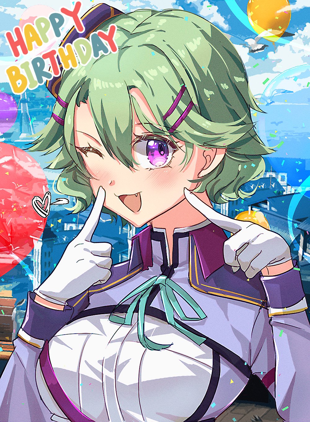 1girl, breasts, building, eiyuu_densetsu, gloves, green_hair, hair_between_eyes, happy_birthday