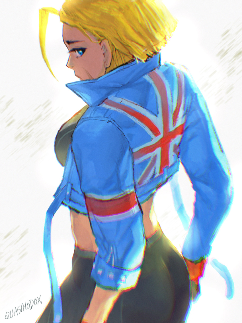 1girl, absurdres, antenna_hair, ass, black_sports_bra, blonde_hair, blue_eyes, blue_jacket