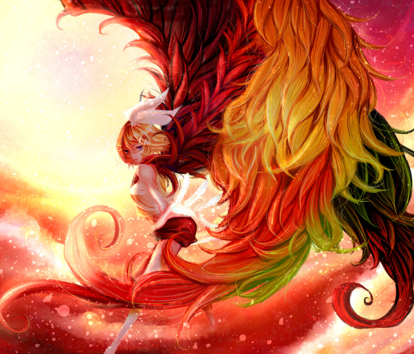 1girl, bad_id, blonde_hair, blue_eyes, feathered_wings, full_body, gokurakuchou_(vocaloid), hair_ornament, hair_ribbon, hairclip, highres, kagamine_rin, looking_back, outstretched_hand, pesoko, phoenix, red, ribbon, shorts, solo, vocaloid, wings
