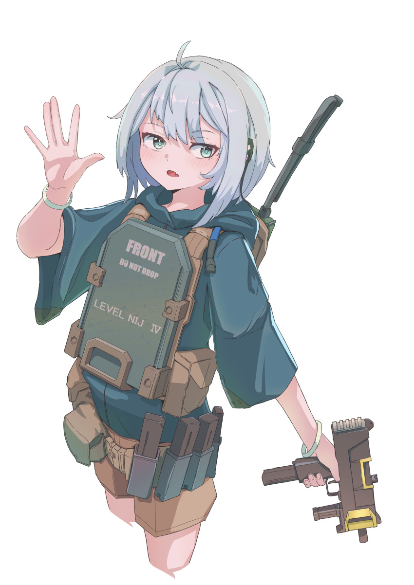 1girl, absurdres, bangs, blue_hoodie, blush, brown_shorts, cropped_legs, fang