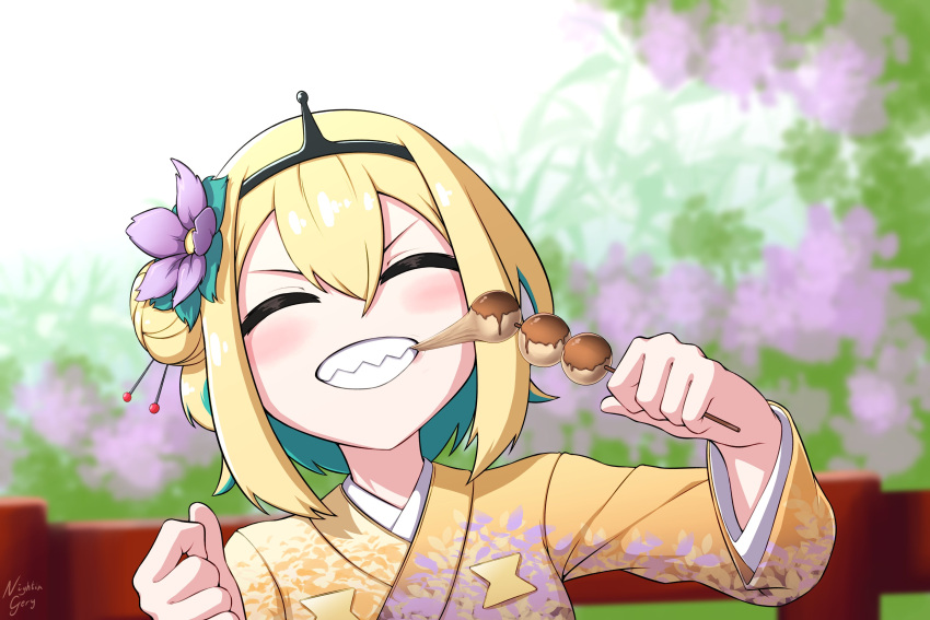1girl, ^_^, absurdres, alternate_hairstyle, amano_pikamee, artist_name, black_hairband, blonde_hair