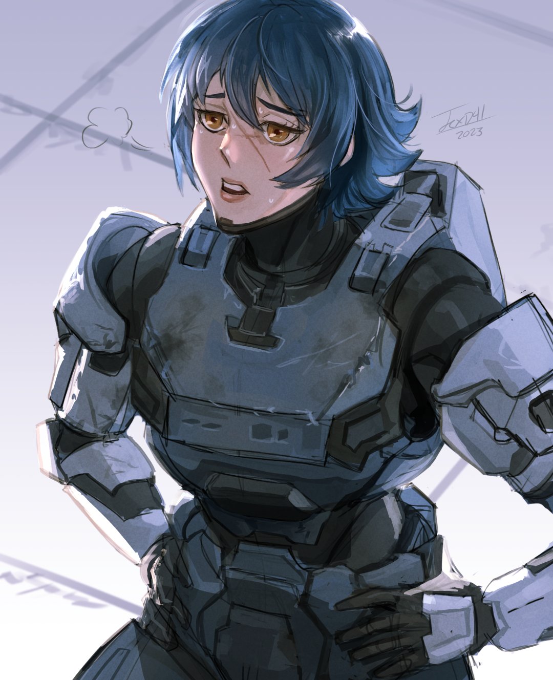 1girl, 2023, artist_name, bangs, blue_hair, halo_(series), halo_infinite, hands_on_hips, highres, lips, no_headwear, open_mouth, orange_eyes, original, power_armor, scar, scar_across_eye, scar_on_face, solo, space_marine, spartan_(halo), teeth, texd41, upper_body, upper_teeth_only