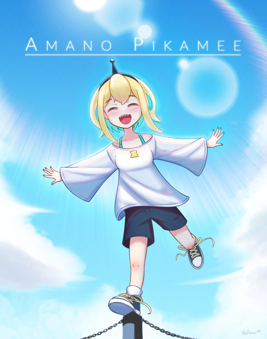 1girl, :d, ^_^, absurdres, amano_pikamee, backlighting, black_hairband, black_shorts, blonde_hair, blue_sky, blush, chain, character_name, closed_eyes, clouds, collarbone, colored_inner_hair, commentary, english_commentary, green_footwear, green_hair, green_nails, hairband, highres, lens_flare, multicolored_hair, nikkun, off-shoulder_shirt, off_shoulder, open_mouth, outdoors, outstretched_arms, pole, sharp_teeth, shirt, shoes, short_hair, shorts, sky, smile, sneakers, solo, spread_arms, standing, standing_on_one_leg, straight-on, teeth, two-tone_hair, upper_teeth_only, virtual_youtuber, voms, white_shirt, wide_sleeves