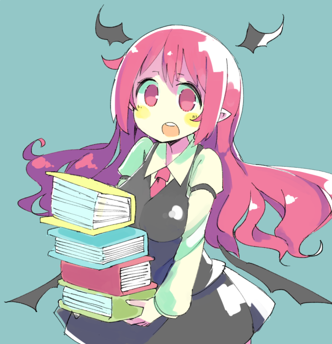 1girl, :o, baron_(x5qgeh), bat_wings, blue_background, blush, book, book_stack, breasts, detached_wings, dress_shirt, head_wings, holding, holding_book, koakuma, long_hair, low_wings, medium_breasts, necktie, open_book, open_mouth, pointy_ears, redhead, shirt, simple_background, skirt, solo, touhou, vest, wings, yellow_blush