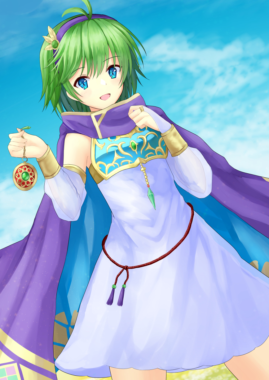 1girl, :d, armor, blue_eyes, blue_sky, breastplate, bridal_gauntlets, cape