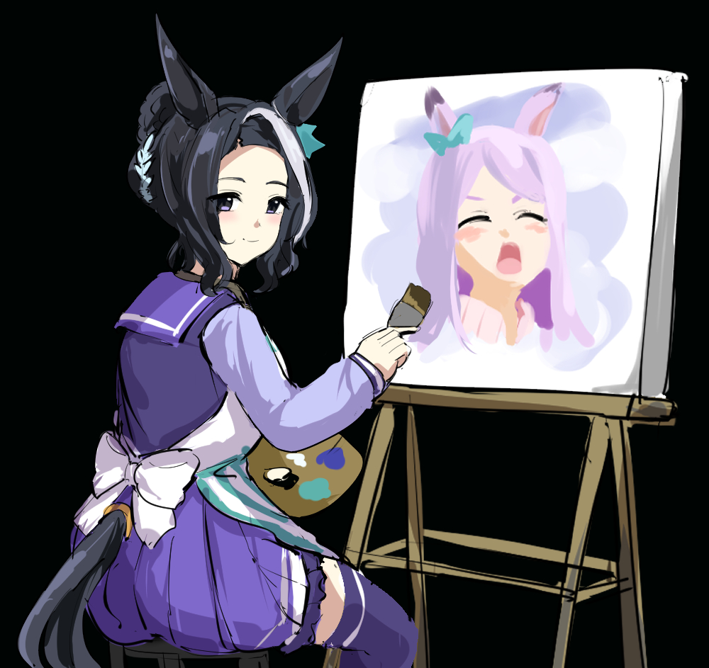 1girl, animal_ears, black_background, black_eyes, black_hair, bob_ross, canvas_(object), closed_mouth