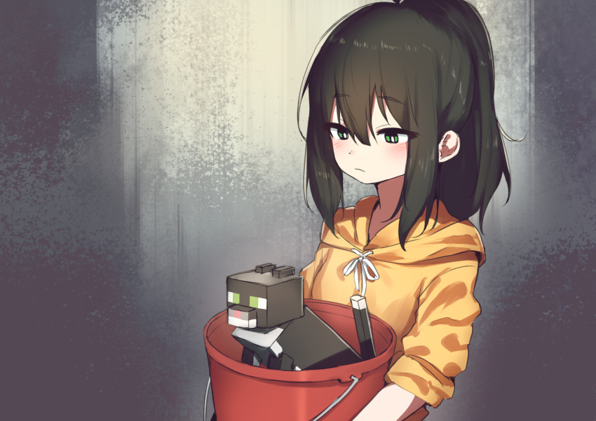 1girl, bangs, black_cat, black_hair, blush, bucket, cat, cat_(minecraft)