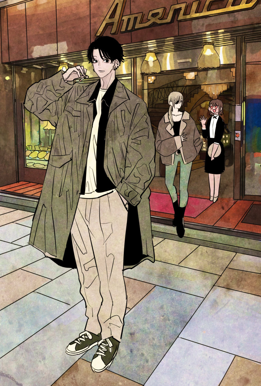 1boy, 2girls, black_footwear, black_hair, black_shirt, black_tank_top, brown_hair, brown_jacket