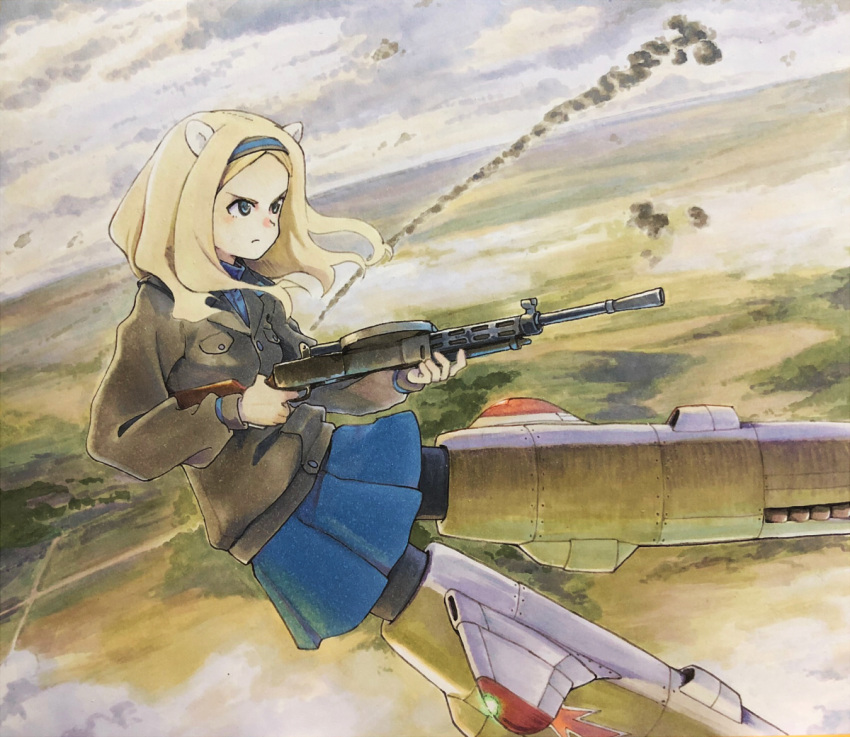 1girl, aleksandra_i._pokryshkin, blonde_hair, blue_eyes, blue_hairband, blue_skirt, brave_witches, brown_jacket