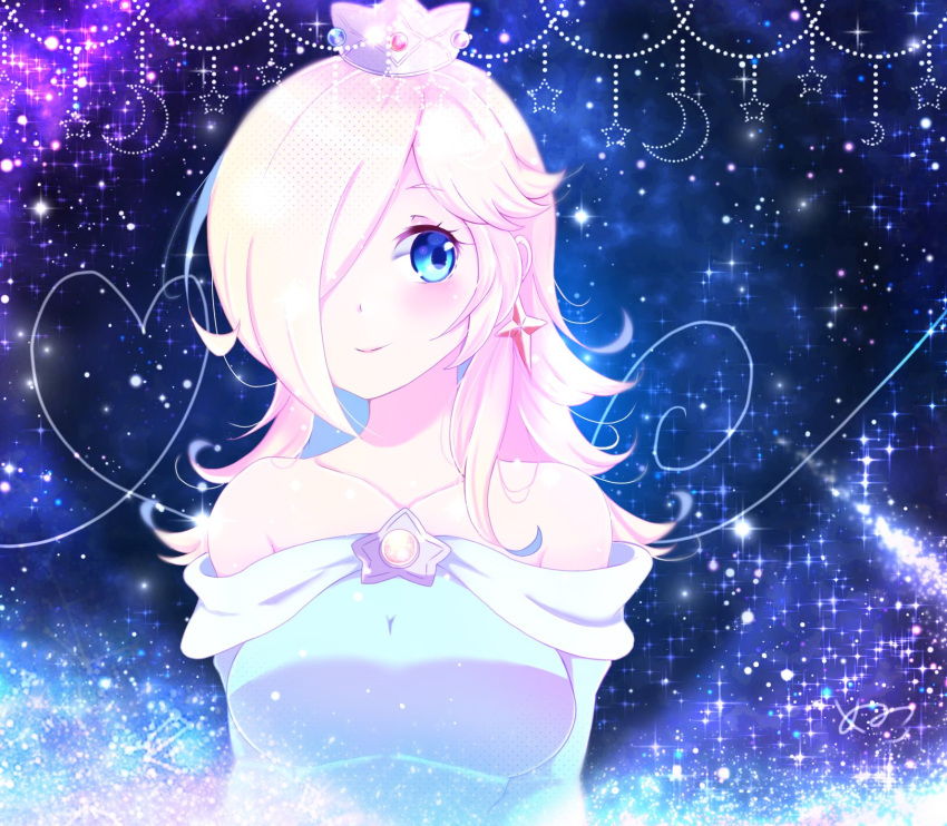 1girl, bare_shoulders, blonde_hair, blue_dress, blue_eyes, brooch, collarbone, crescent, crown, dress, earrings, hair_over_one_eye, heart, highres, jewelry, long_hair, nukoko12, off-shoulder_dress, off_shoulder, rosalina, smile, solo, star_(sky), star_(symbol), star_earrings, super_mario_bros., super_mario_galaxy, upper_body