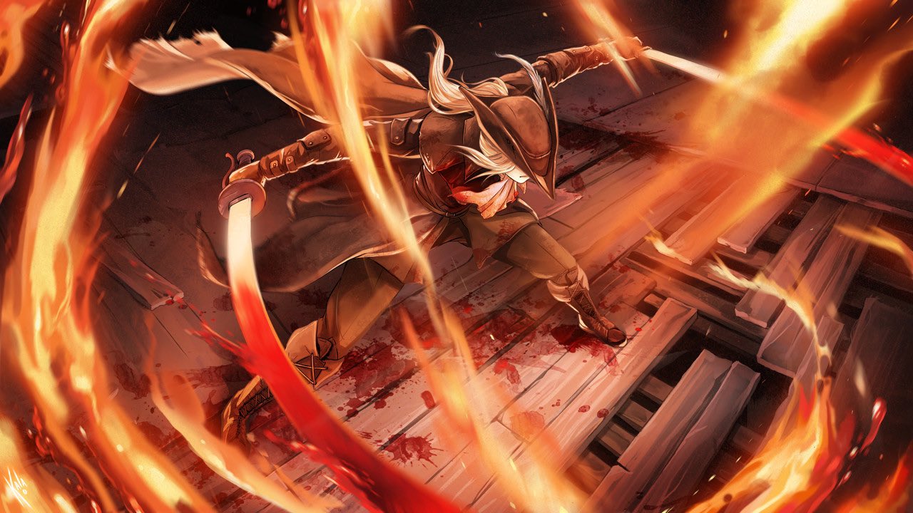 1girl, ascot, black_headwear, blonde_hair, blood, blood_stain, bloodborne, coat, collar, double-blade, feathers, fighting_stance, fire, flame, gem, hat, hat_feather, holding, holding_sword, holding_weapon, jewelry, kalasketch, lady_maria_of_the_astral_clocktower, long_hair, rakuyo_(bloodborne), red_gemstone, sword, tricorne, weapon, white_feathers