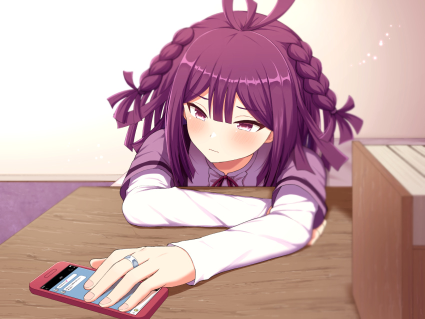 1girl, arm_rest, bad_id, bad_twitter_id, bangs, blunt_bangs, blunt_ends, blush