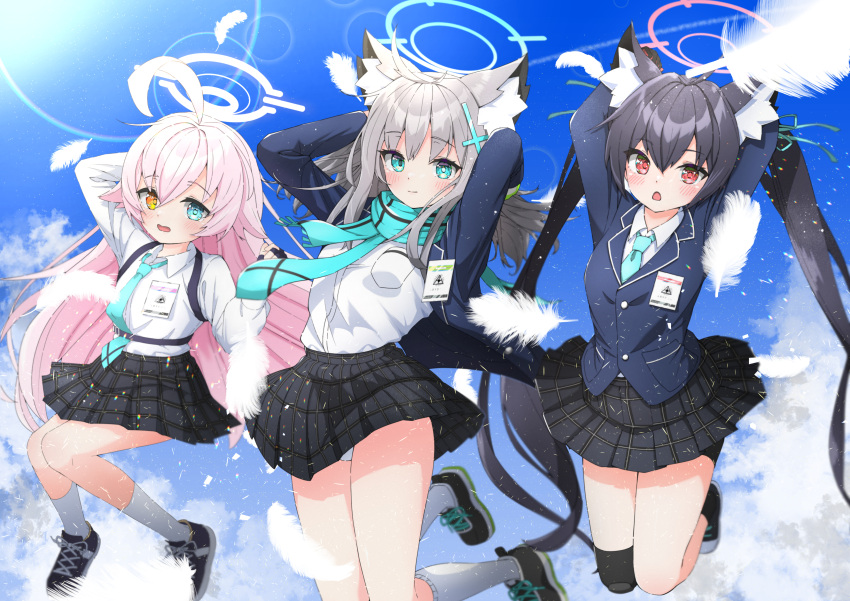 3girls, absurdres, ahoge, animal_ear_fluff, animal_ears, anime_coloring, arms_up, black_hair