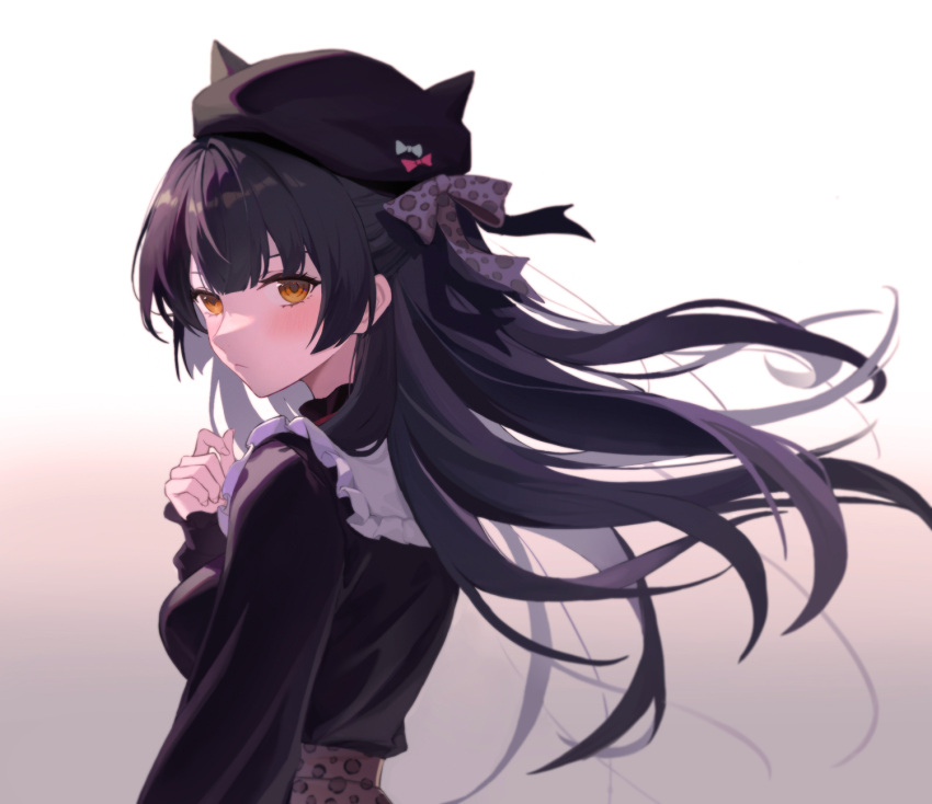 1girl, animal_print, bangs, black_headwear, black_shirt, blunt_bangs, blush, breasts, fake_horns, floating_hair, gradient_background, highres, horned_headwear, horns, idolmaster, idolmaster_shiny_colors, ku_qiao_kujo, leopard_print, looking_at_viewer, looking_back, mayuzumi_fuyuko, medium_breasts, shirt, simple_background, solo, upper_body