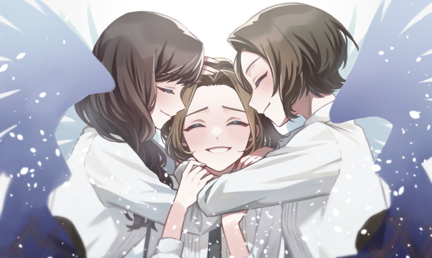 3girls, arm_up, arms_around_neck, bangs, black_hair, black_necktie, blue_jacket, blue_wings
