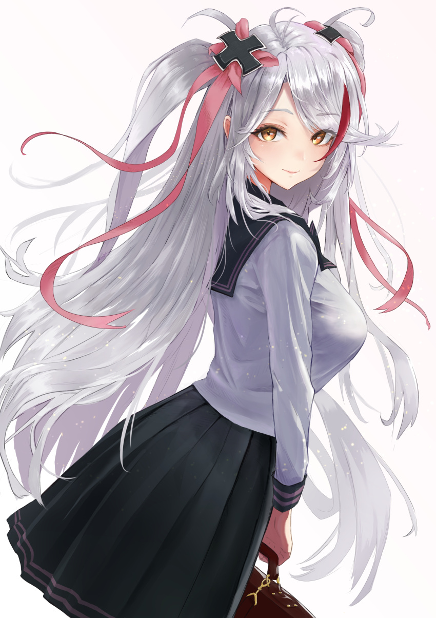 1girl, absurdres, antenna_hair, azur_lane, bag, collared_shirt, cross, dutch_angle, from_behind, grey_hair, hair_ornament, handbag, highres, holding, holding_bag, iron_cross, kanbashi, long_hair, long_skirt, looking_at_viewer, looking_back, multicolored_hair, orange_eyes, pleated_skirt, prinz_eugen_(azur_lane), redhead, sailor_collar, school_bag, school_uniform, serafuku, shirt, skirt, standing, streaked_hair, two_side_up, white_background, white_shirt