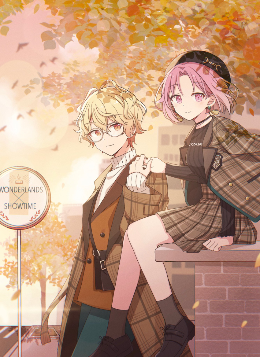 1boy, 1girl, bag, bagel_land, bangs, black_choker, blonde_hair, buttons