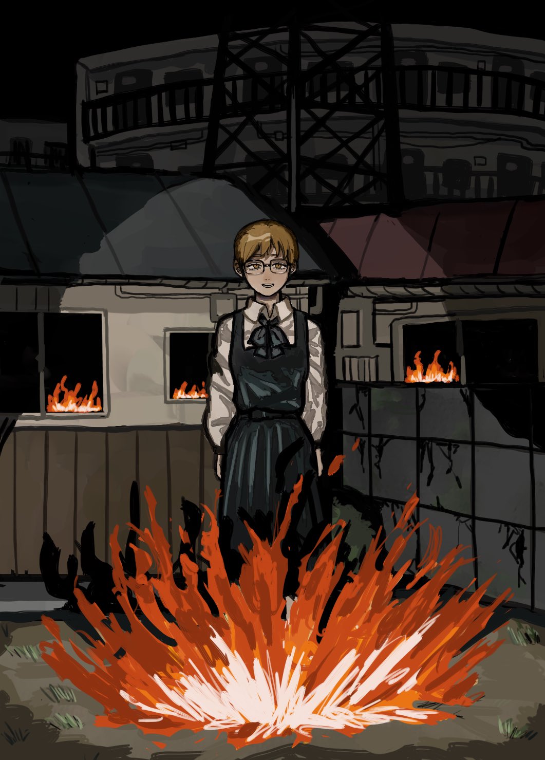 1girl, bangs, brown_hair, chainsaw_man, dark, dress, fire, fourth_east_high_school_uniform