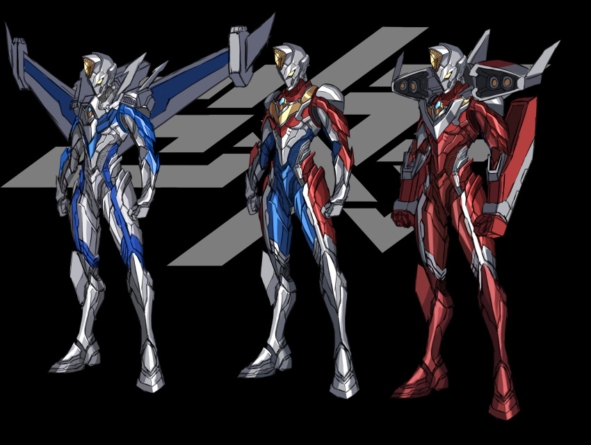3boys, 3ok, alien, alternate_universe, armor, armored_boots, blue_bodysuit, bodysuit, boots, breastplate, clenched_hand, clenched_hands, coat, fingerless_gloves, flash_type_(ultraman), gauntlets, gloves, glowing, glowing_eyes, highres, jacket, leg_armor, male_focus, miracle_type_(ultraman), multiple_boys, no_humans, open_clothes, open_hand, open_jacket, pauldrons, red_bodysuit, rocket_launcher, shoulder_armor, shoulder_cannon, shoulder_pads, single_fingerless_glove, skin_tight, standing, strong_type_(ultraman), tokusatsu, ultra_series, ultraman_(hero's_comics), ultraman_dyna, ultraman_dyna_(series), ultraman_suit, weapon, white_gloves, wings, yellow_eyes