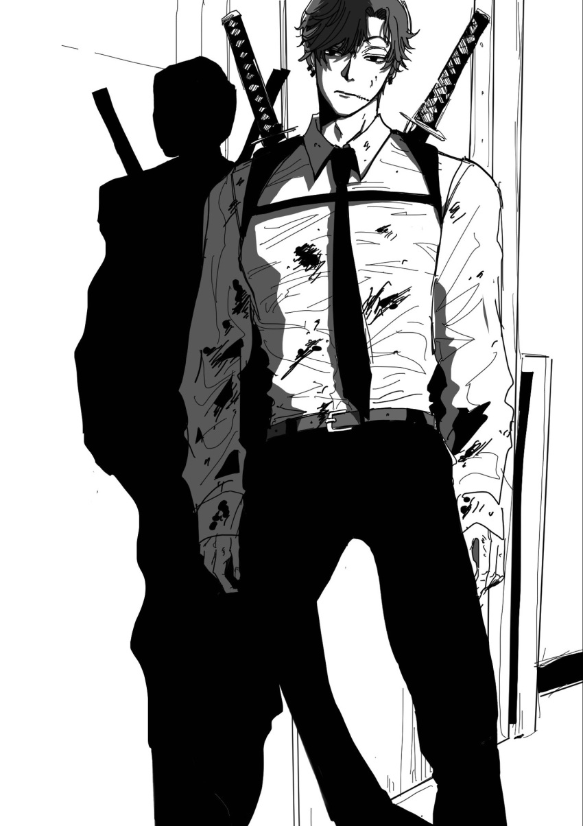 1boy, black_hair, blood, blood_on_clothes, blood_on_face, chainsaw_man, chest_belt, collared_shirt